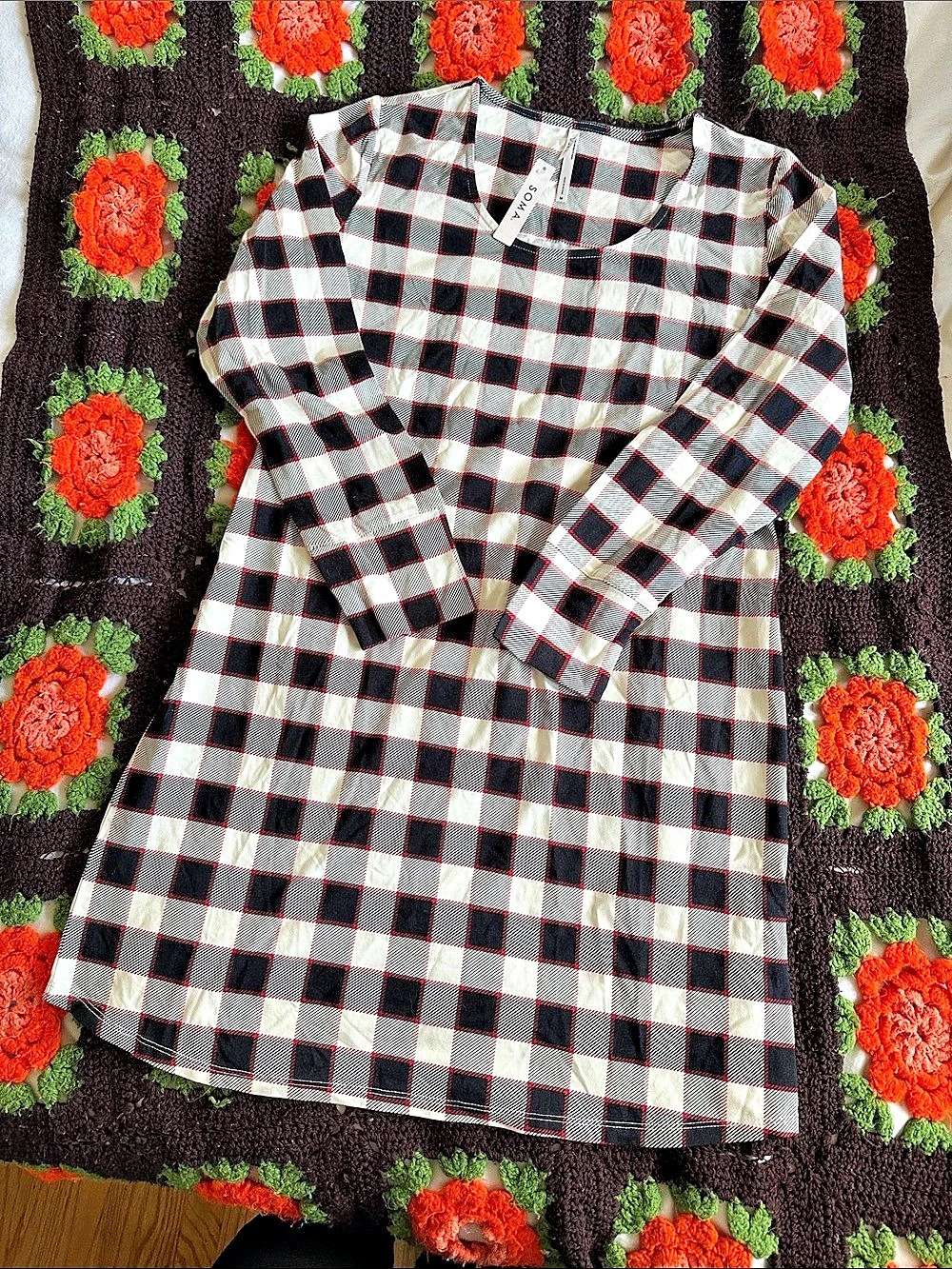 Soma Embraceable LS Sleepshirt Plaid Mini Dress Black & White Medium